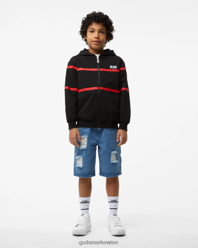 Kapuzenpullover für Kinder mit niedrigem Logoband und Reißverschluss GCDS Kinder Kleidung Schwarz V0XTXR699
